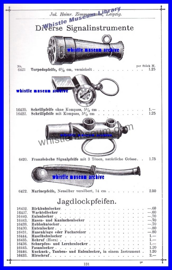 Catalog Julius Heinrich Zimmermann1901 P131 whistle museum archive