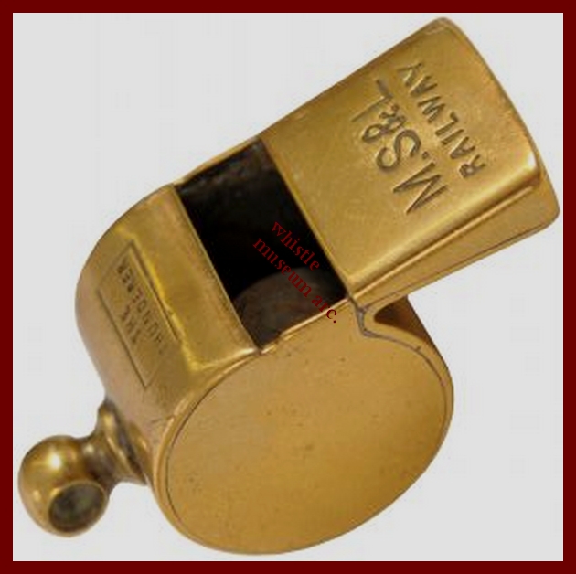 Manchester, Sheffield and Lincolnshire Railway brass guard's whistle, marked, M.S & L RAILWAY, the maker's name McPherson Brothers, Argyle Street, Glasgow, under the lip whistle museum arc