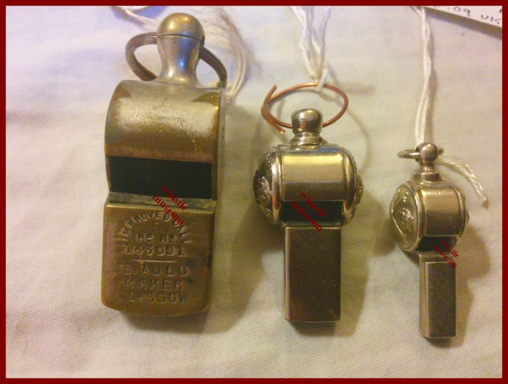 S AUld Glasgow referee railway and button whistles 1890s whistle museum